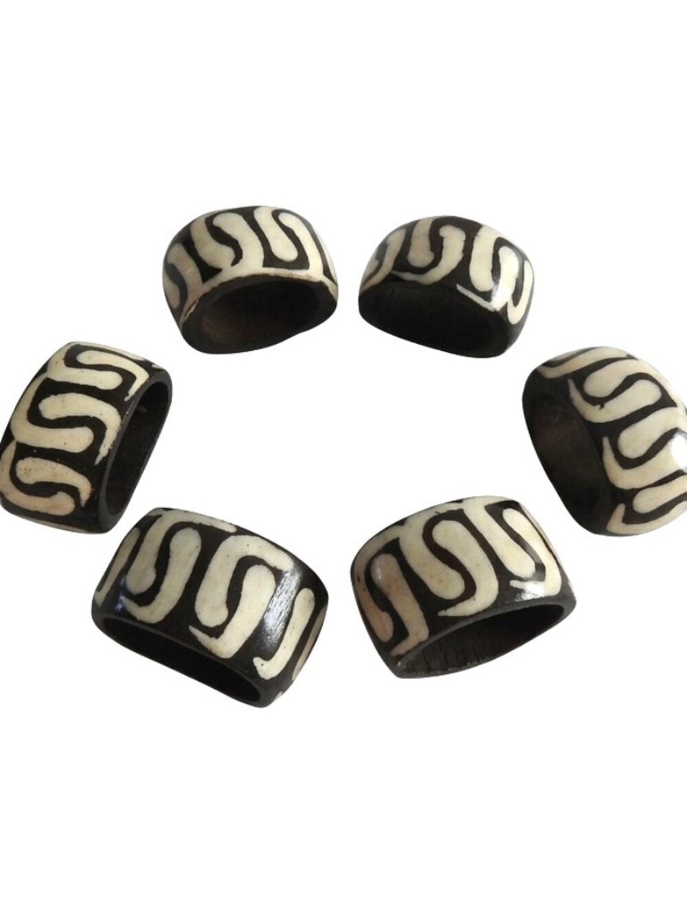 Set of 6 Handcrafted African Batik Bone Napkin Rings Geometric Boho